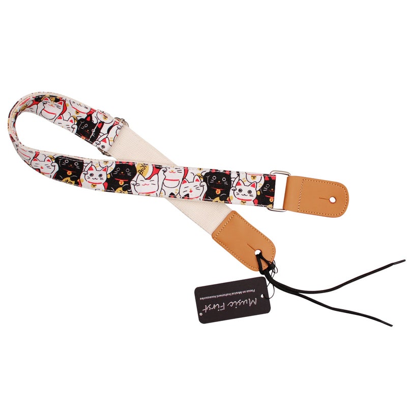 MUSIC FIRST Original Design â€œFortune Cats (Maneki Neko)â€ Soft Canvas & Genuine Leather Ukulele Strap Ukulele Shoulder Strap - Image 5